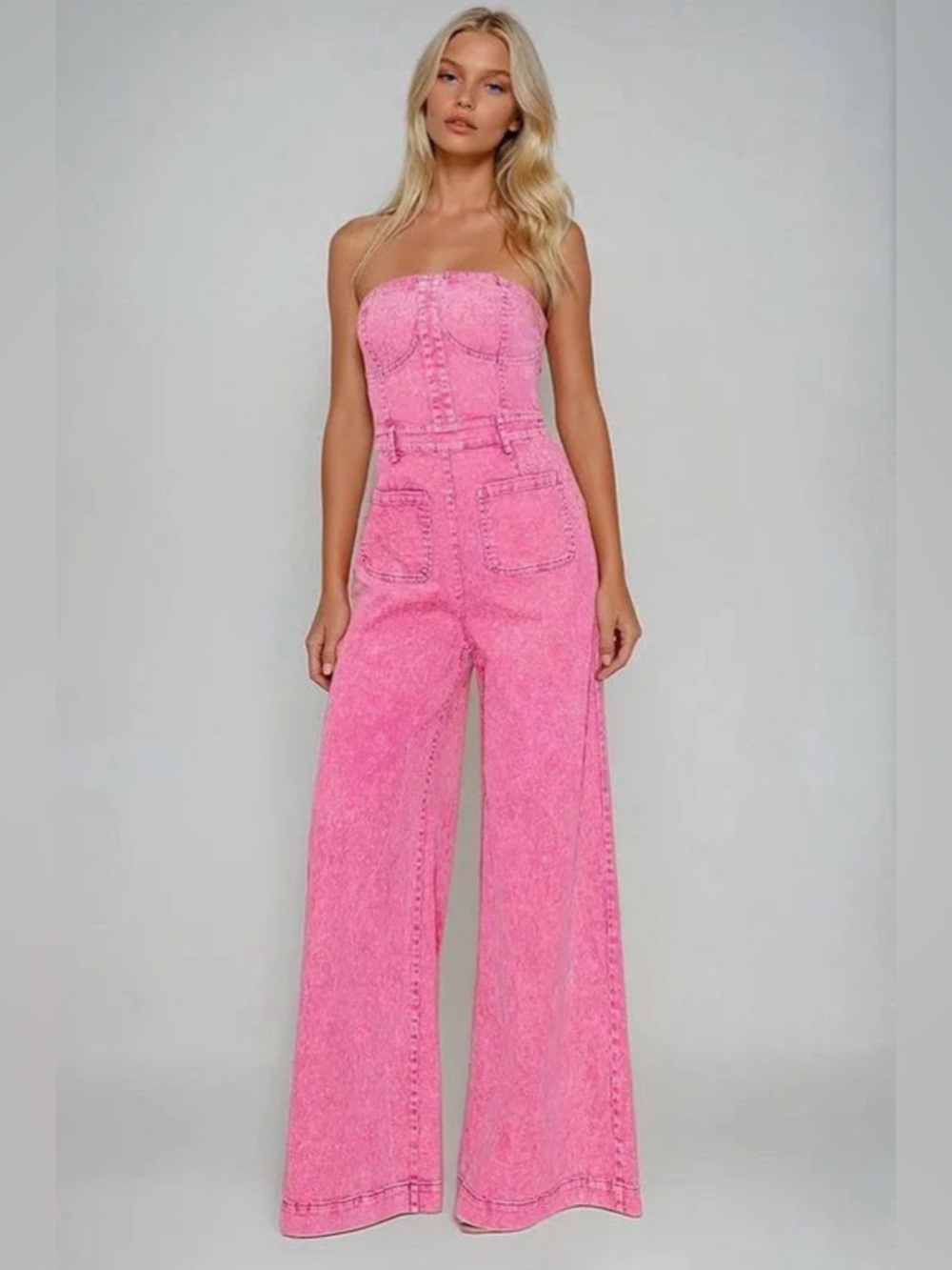 Strapless Pink Wide-Leg Denim Jumpsuit - Picture 2 of 2
